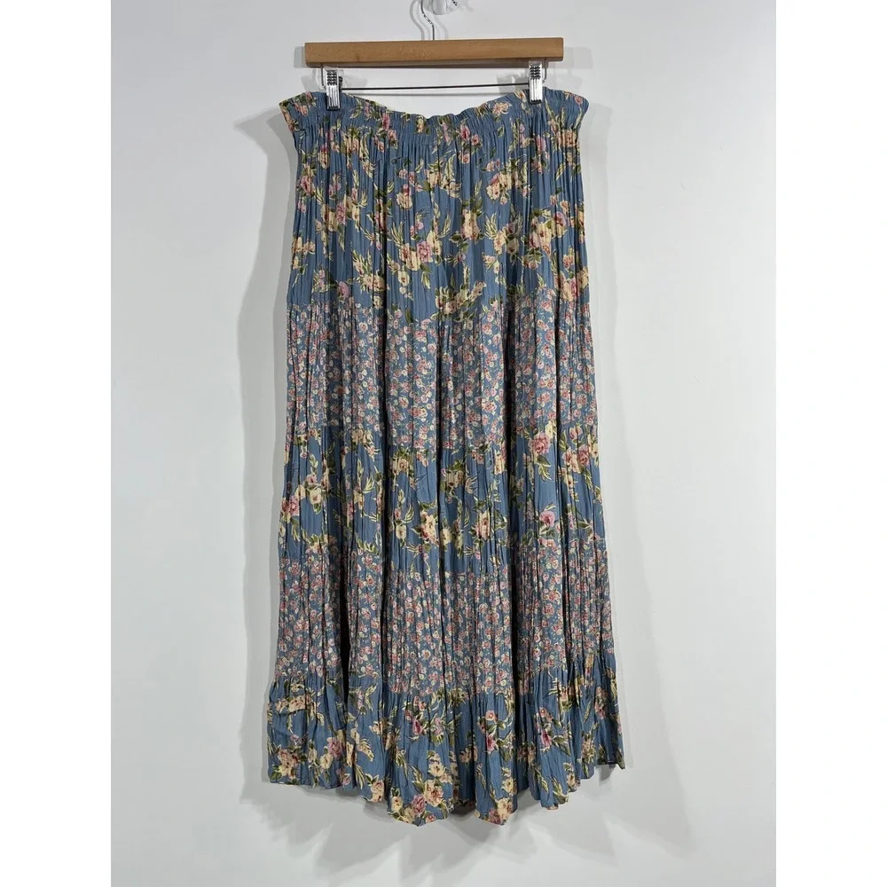 Indira VTG Boho Cottagecore Tiered Floral Maxi Skirt Size Large Feminine Renfair